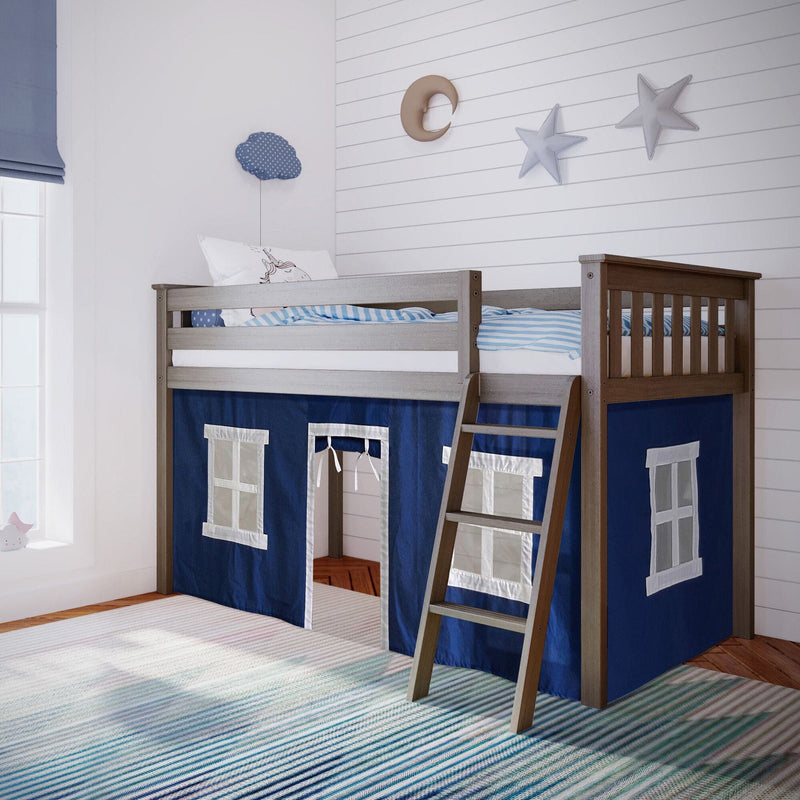 Loft bed for kids with dark wooden frame, blue playhouse curtain, and ladder in a bright, cozy bedroom.