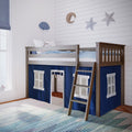 Kids wooden twin loft bed with ladder and navy playhouse tent curtains, striped rug and star wall decor in child's bedroom