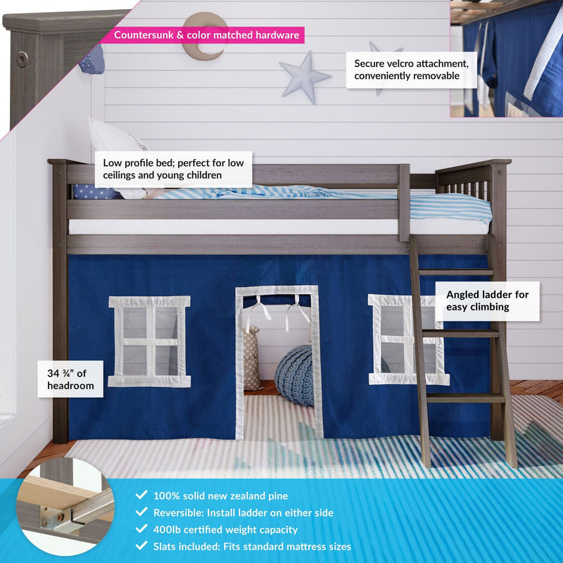 Low-profile kids loft bed made from solid New Zealand pine with angled/reversible ladder, blue playhouse curtain with windows, 400 lb certified capacity, fits standard mattress