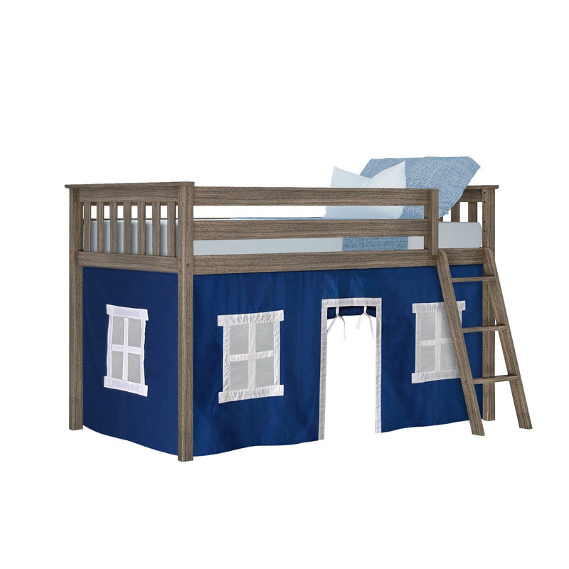 Loft bed with blue play tent, wooden frame, and ladder for kids' bedroom.