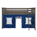 Gray wooden loft-style kids bed with ladder and blue playhouse curtain featuring white window panels and center doorway, children's bunk bed play tent