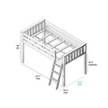 Wooden loft bed with guardrails and angled ladder, 81½″ long × 54¼″ wide (42½″ usable) × 50″ tall with 33¼″ underbed clearance for storage — ideal kids' bedroom solution