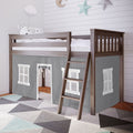 Kids wooden loft bed with ladder and gray playhouse curtain under-bed with white window cutouts, geometric rug and star wall decor