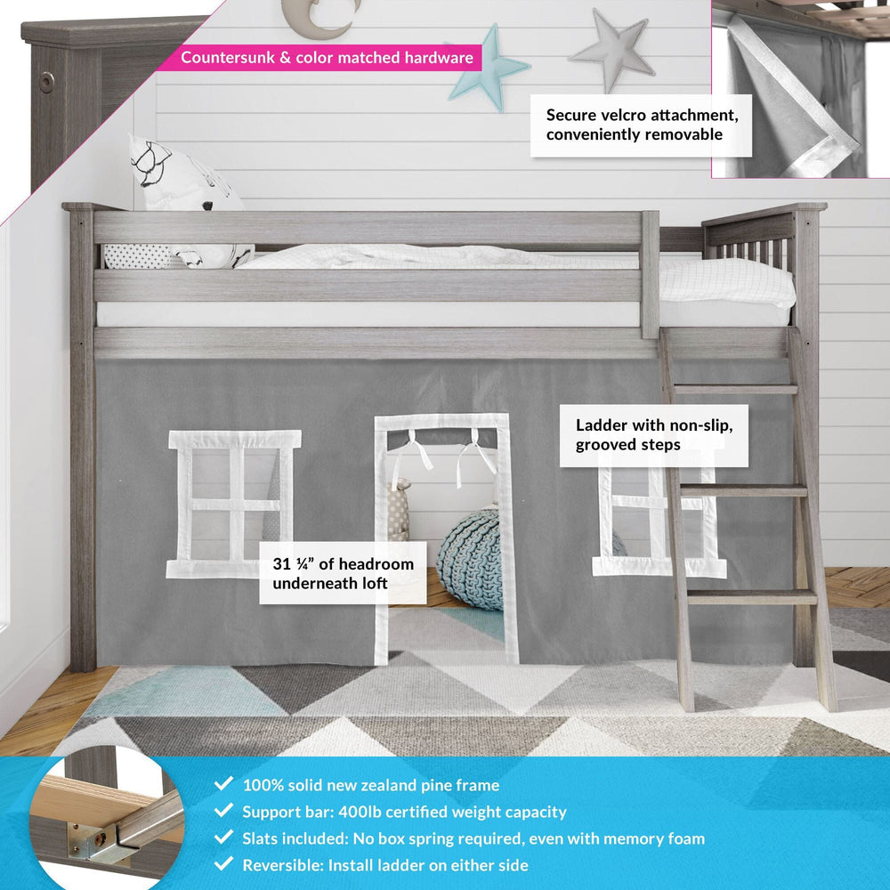 180212151054 : Loft Beds Twin-Size Low Loft With Curtain, Clay + Grey Curtain