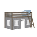 Children's twin loft bed with rustic gray wood frame, ladder and gray play-tent skirt featuring white window panels and blue bedding
