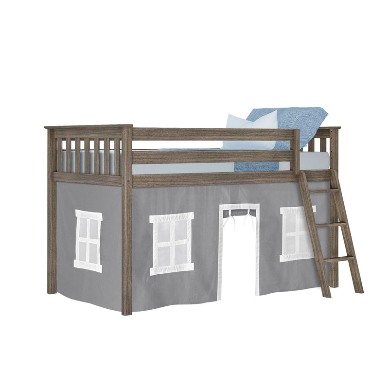 Children's twin loft bed with rustic gray wood frame, ladder and gray play-tent skirt featuring white window panels and blue bedding