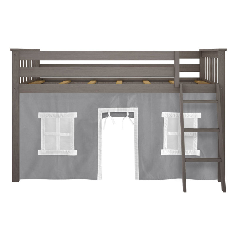 Gray wooden loft bed with ladder and playhouse curtain featuring windows and a door.