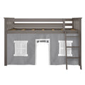 Gray wooden twin loft bed with ladder and playhouse-style gray-and-white curtain panels underneath, kids' elevated bed for small bedrooms