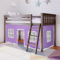 Wooden loft bed with purple playhouse curtain and ladder in a modern children's bedroom, play space and storage area underneath for kids