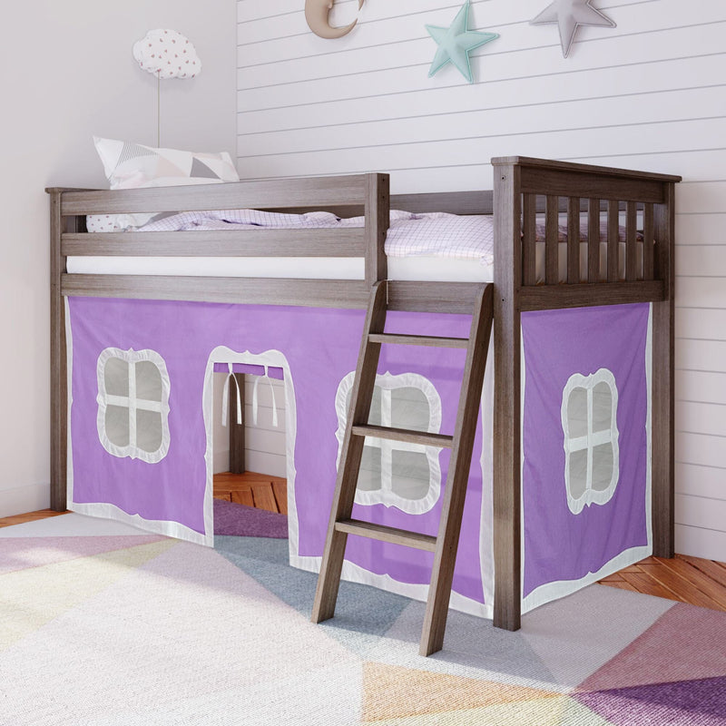 Wooden loft bed with purple playhouse curtain and ladder in a modern children's bedroom, play space and storage area underneath for kids