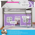 Gray solid New Zealand pine kids loft bed with purple play-tent curtain, right-side ladder, under-bed play area, 31.25 in headroom and 400 lb support capacity