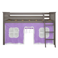Grey wooden twin loft bed with ladder and purple playhouse-style under-bed curtain featuring white windows and central doorway