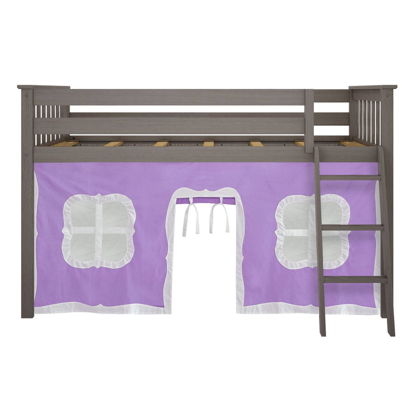 Grey wooden twin loft bed with ladder and purple playhouse-style under-bed curtain featuring white windows and central doorway