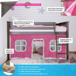 180212151078 : Loft Beds Twin-Size Low Loft With Curtain, Clay + Pink