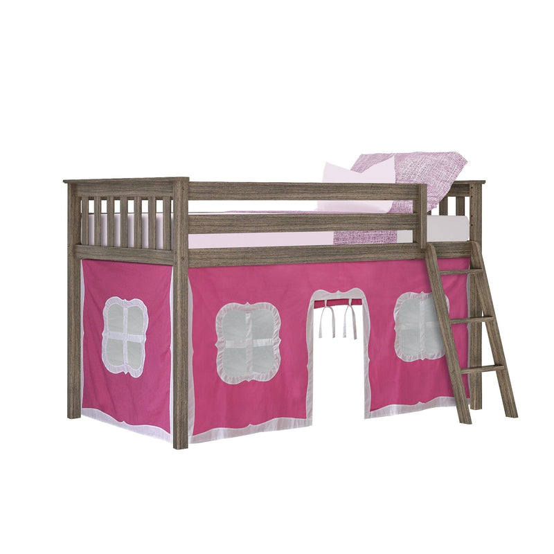 Rustic gray twin loft bed with pink playhouse tent panels and wooden ladder, a space-saving kids loft bed ideal for small bedrooms