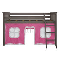Grey wooden loft bed with ladder and pink play-tent curtains with white window accents, under-bed playhouse hideaway for kids