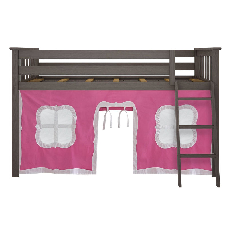 Grey wooden loft bed with ladder and pink play-tent curtains with white window accents, under-bed playhouse hideaway for kids