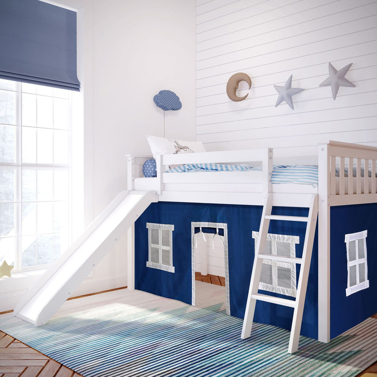 -180213002022 : Loft Beds Twin Low Loft with Slide and Blue Curtains, White