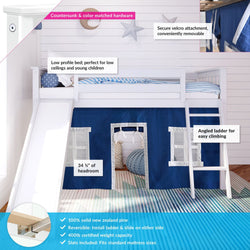 -180213002022 : Loft Beds Twin Low Loft With Slide & Blue Curtains, White