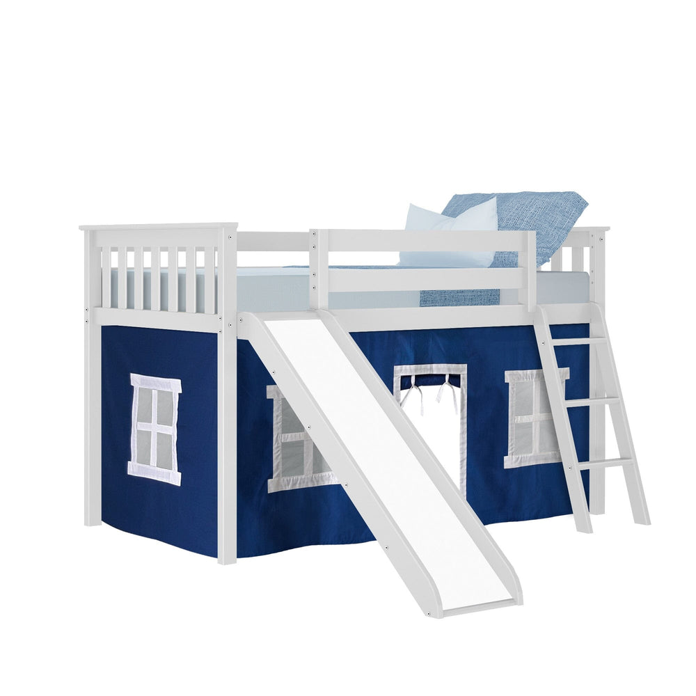 -180213002022 : Loft Beds Twin Low Loft With Slide & Blue Curtains, White