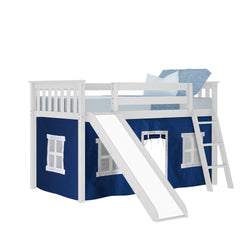 -180213002022 : Loft Beds Twin Low Loft With Slide & Blue Curtains, White