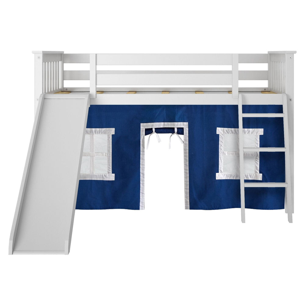 -180213002022 : Loft Beds Twin Low Loft With Slide & Blue Curtains, White