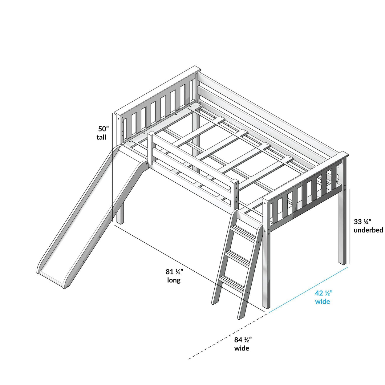 -180213002022 : Loft Beds Twin Low Loft With Slide & Blue Curtains, White
