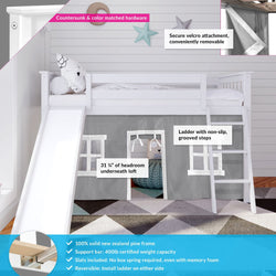 180213002054 : Loft Beds Twin-Size Low Loft With Slide With Curtain, White + Grey Curtain