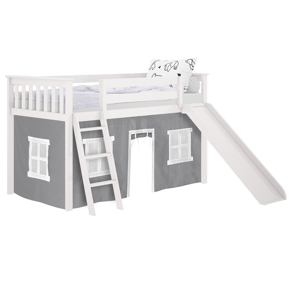 180213002054 : Loft Beds Twin-Size Low Loft With Slide With Curtain, White + Grey Curtain