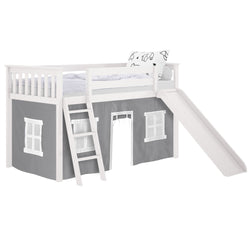 180213002054 : Loft Beds Twin-Size Low Loft with Slide with Curtain, White + Grey Curtain