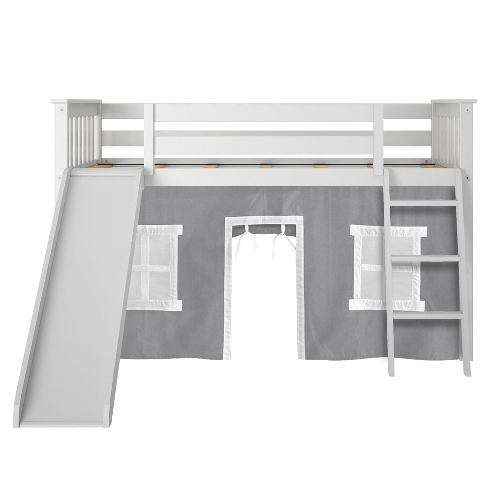 180213002054 : Loft Beds Twin-Size Low Loft With Slide With Curtain, White + Grey Curtain