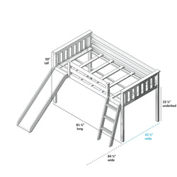 180213002054 : Loft Beds Twin-Size Low Loft With Slide With Curtain, White + Grey Curtain