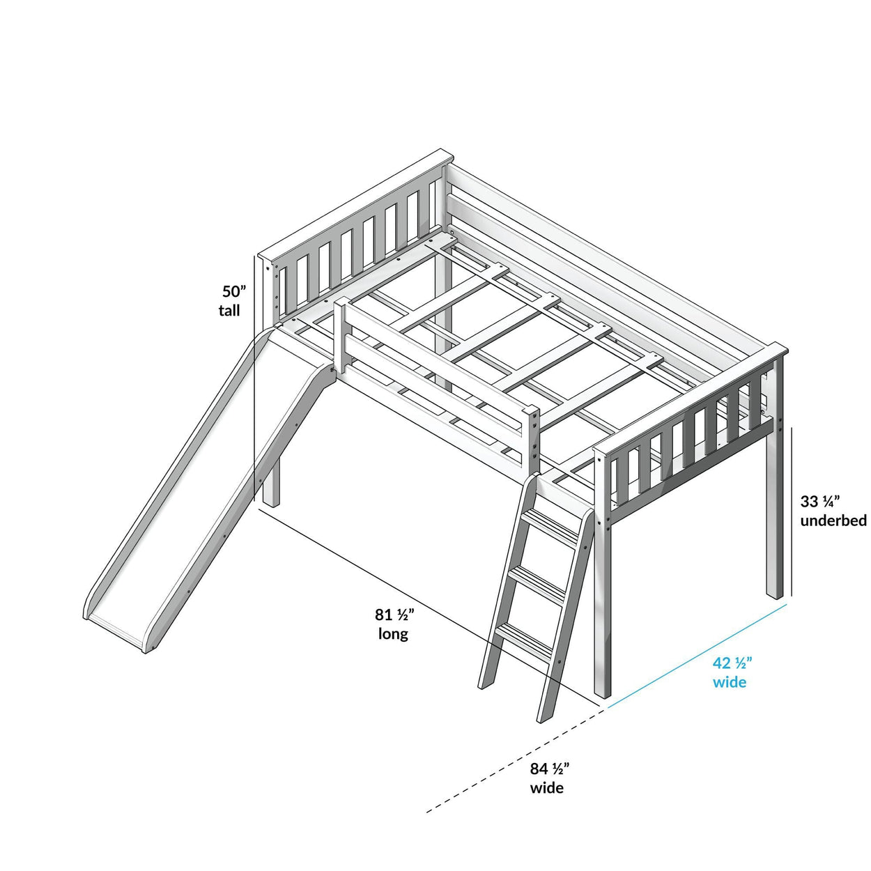 180213002054 : Loft Beds Twin-Size Low Loft with Slide with Curtain, White + Grey Curtain