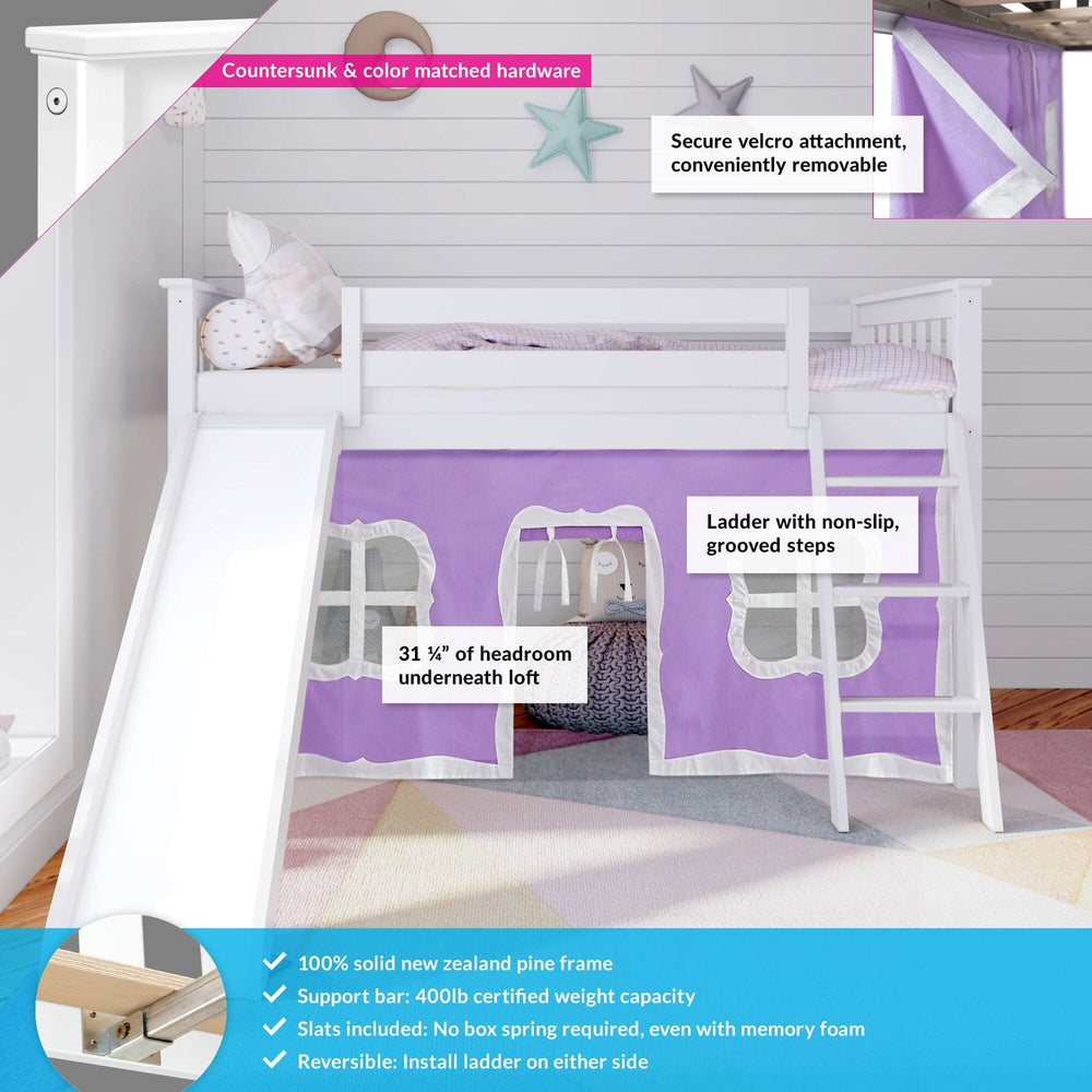 180213002061 : Loft Beds Twin-Size Low Loft With Slide With Curtain, White + Purple Curtain