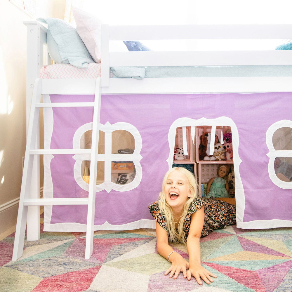 180213002061 : Loft Beds Twin-Size Low Loft With Slide With Curtain, White + Purple Curtain