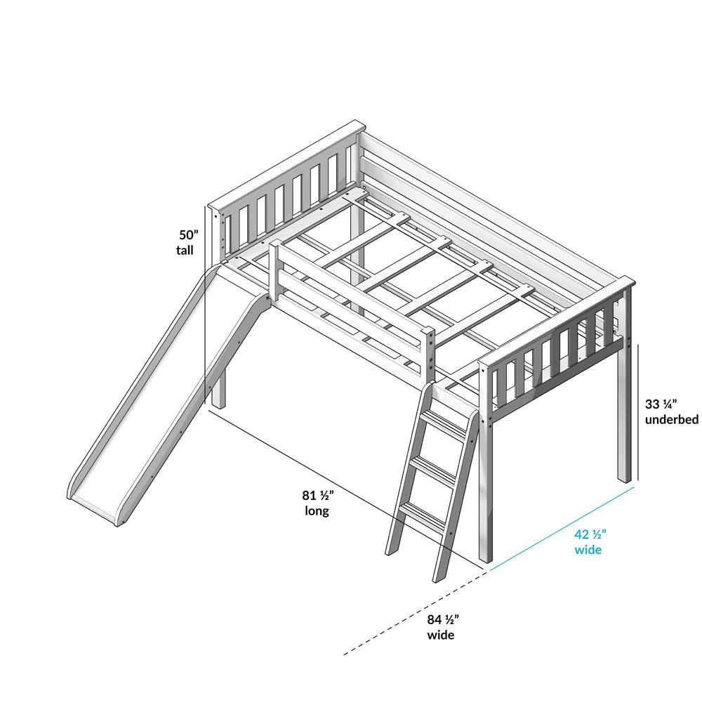 180213002061 : Loft Beds Twin-Size Low Loft With Slide With Curtain, White + Purple Curtain