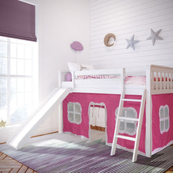 180213002078 : Loft Beds Twin-Size Low Loft With Slide With Curtain, White + Pink