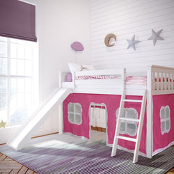 180213002078 : Loft Beds Twin-Size Low Loft with Slide with Curtain, White + Pink