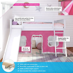 180213002078 : Loft Beds Twin-Size Low Loft With Slide With Curtain, White + Pink