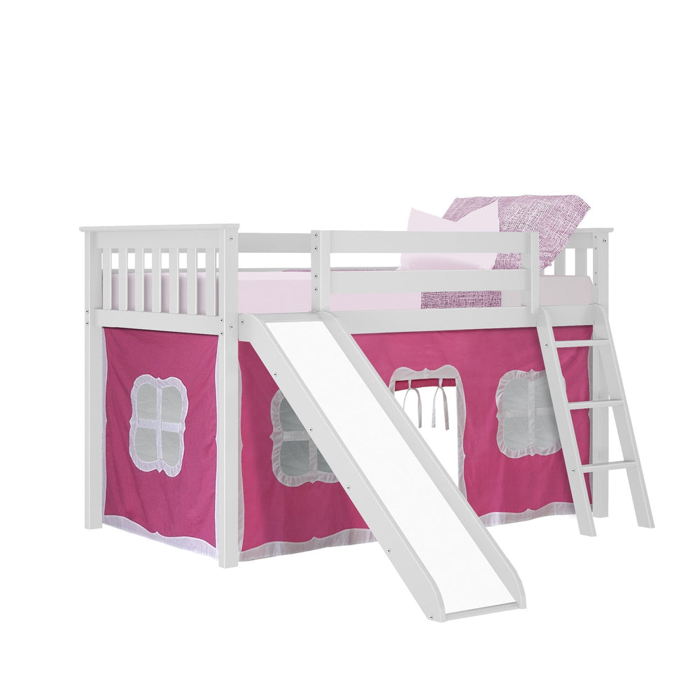 180213002078 : Loft Beds Twin-Size Low Loft With Slide With Curtain, White + Pink