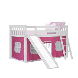 180213002078 : Loft Beds Twin-Size Low Loft with Slide with Curtain, White + Pink