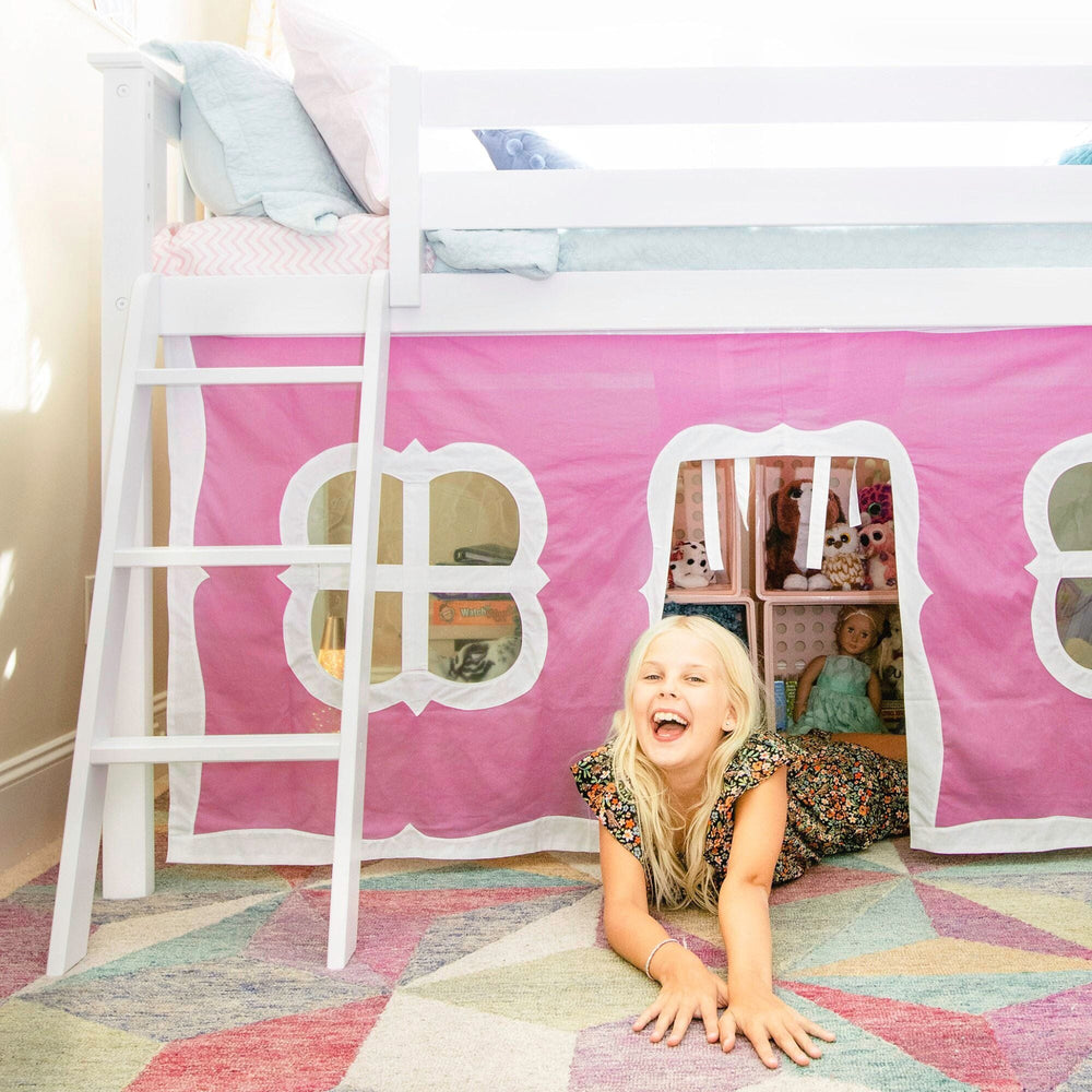 180213002078 : Loft Beds Twin-Size Low Loft With Slide With Curtain, White + Pink