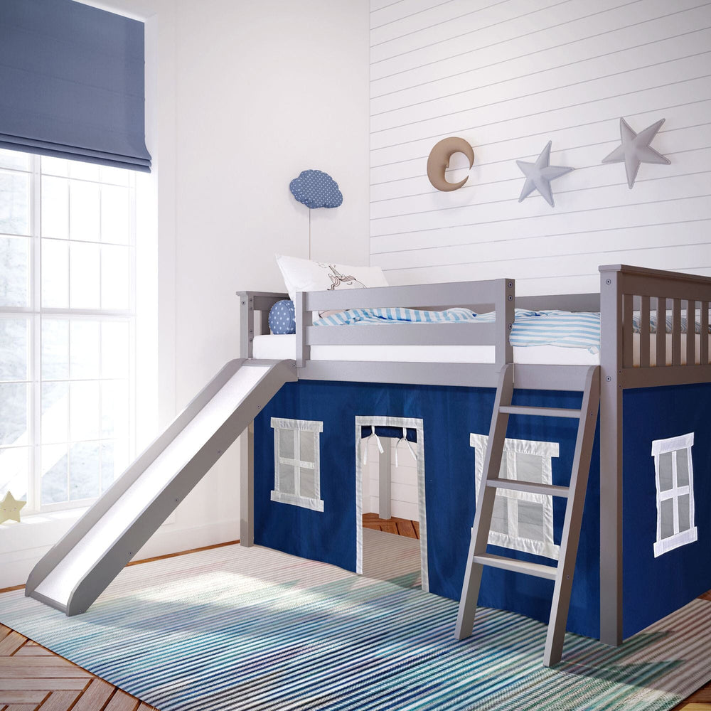 -180213121022 : Loft Beds Twin Low Loft With Slide & Blue Curtains, Grey - One Box