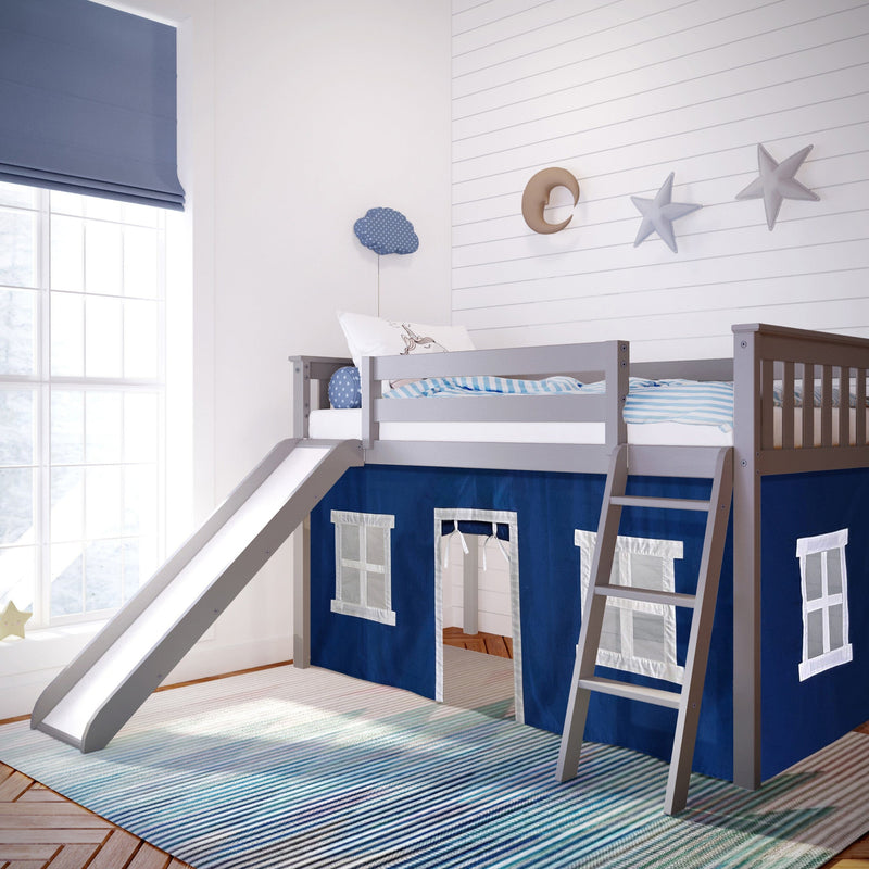 180213121022 : Loft Beds Twin-Size Low Loft with Slide with Curtain, Grey + Blue