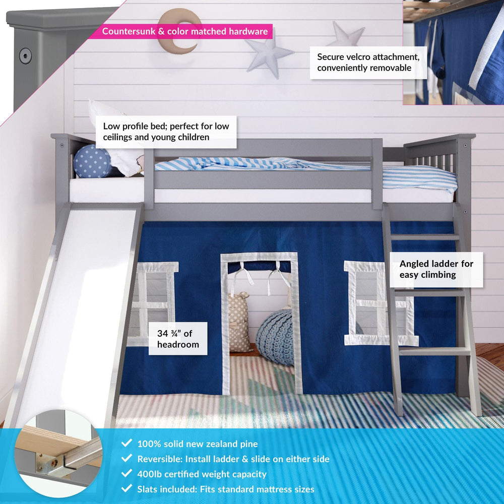 -180213121022 : Loft Beds Twin Low Loft With Slide & Blue Curtains, Grey - One Box