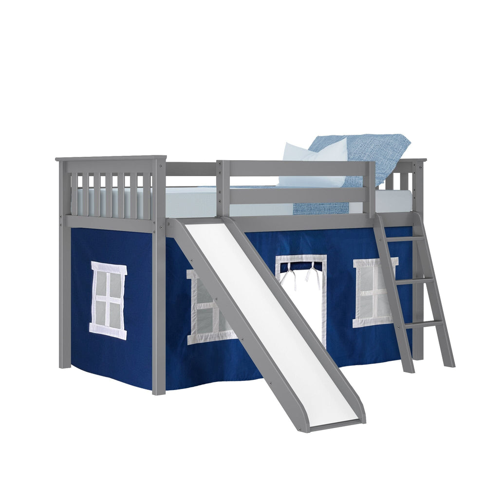 -180213121022 : Loft Beds Twin Low Loft With Slide & Blue Curtains, Grey - One Box