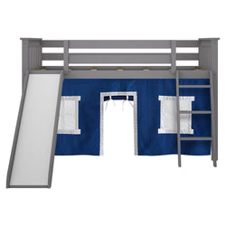 -180213121022 : Loft Beds Twin Low Loft With Slide & Blue Curtains, Grey - One Box