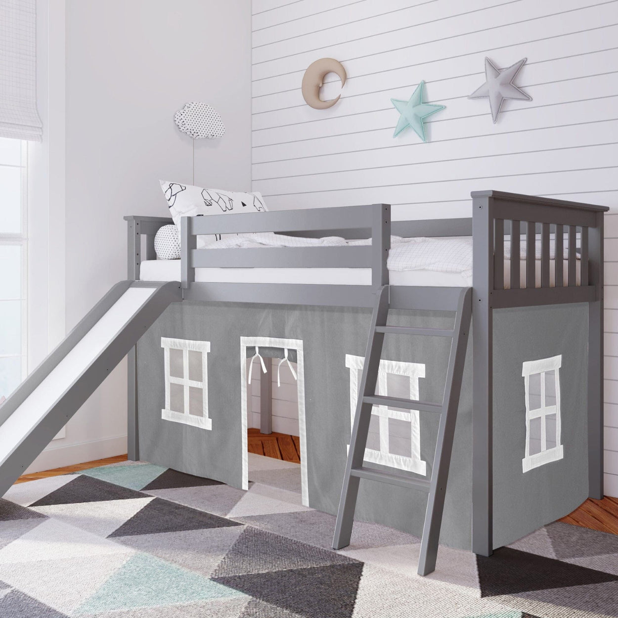 180213121054 : Loft Beds Twin-Size Low Loft with Slide with Curtain, Grey + Grey Curtain