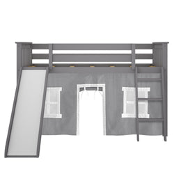 180213121054 : Loft Beds Twin-Size Low Loft with Slide with Curtain, Grey + Grey Curtain