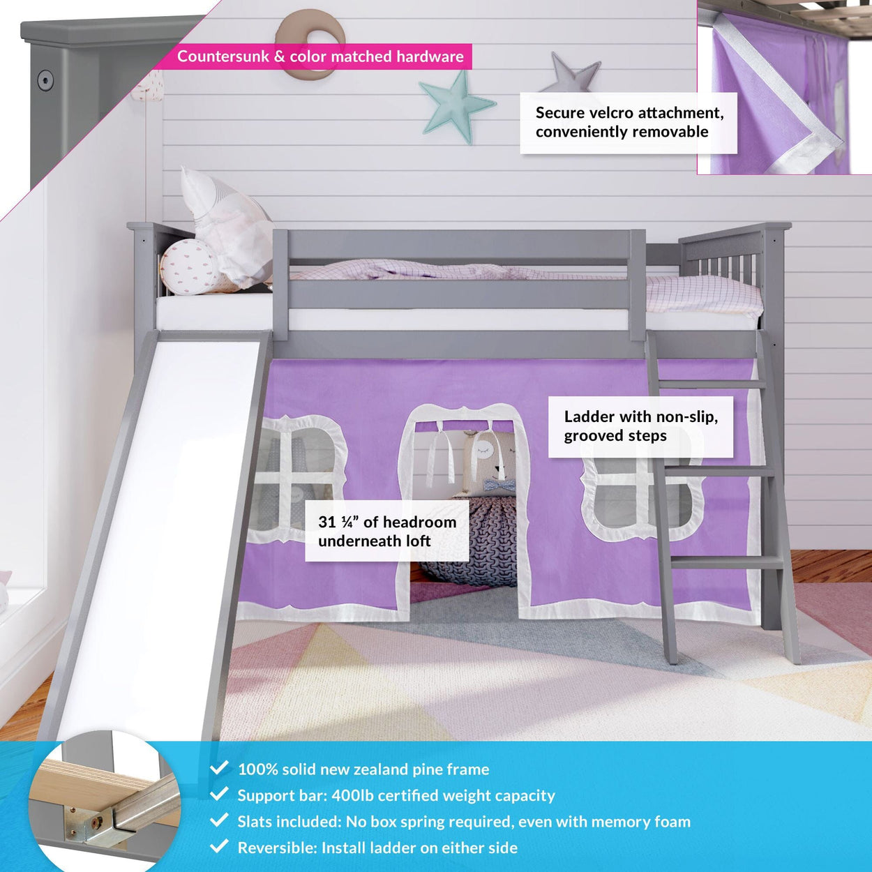 180213121061 : Loft Beds Twin-Size Low Loft with Slide with Curtain, Grey + Purple Curtain